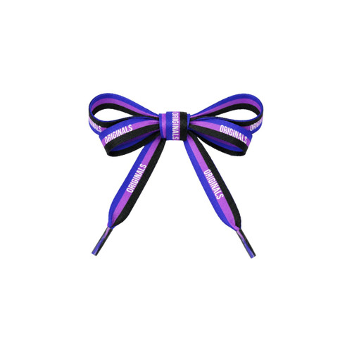 A bow made from purple, black, and striped flat shoelaces featuring a logo.