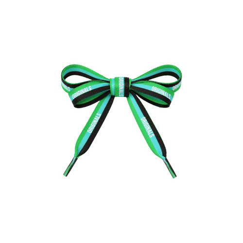 A bow made of striped green, black, and turquoise flat shoe laces, featuring a logo.