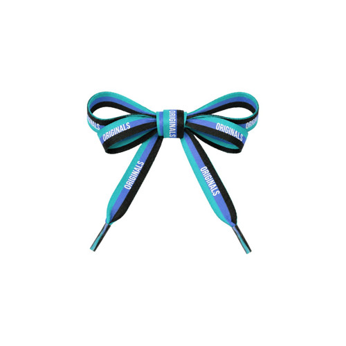 A bow made of custom flat shoe laces in black, teal, and purple, featuring a logo.
