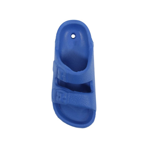 A blue fridge magnet shaped like a sandal, featuring two straps and a hole for hanging. It has a logo.