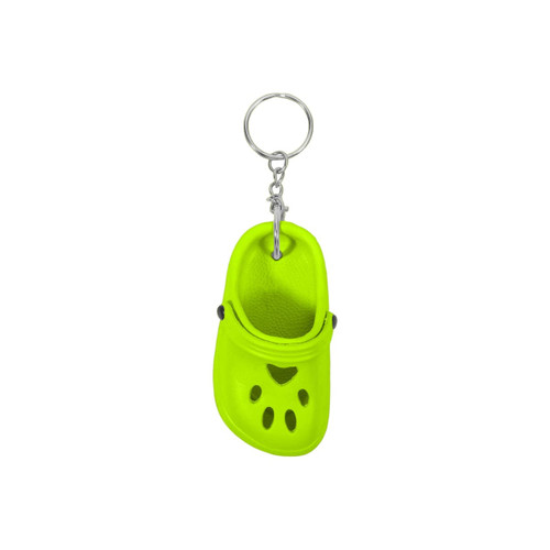A bright yellow paw-shaped clog shoe keyring with a metal keychain attachment.