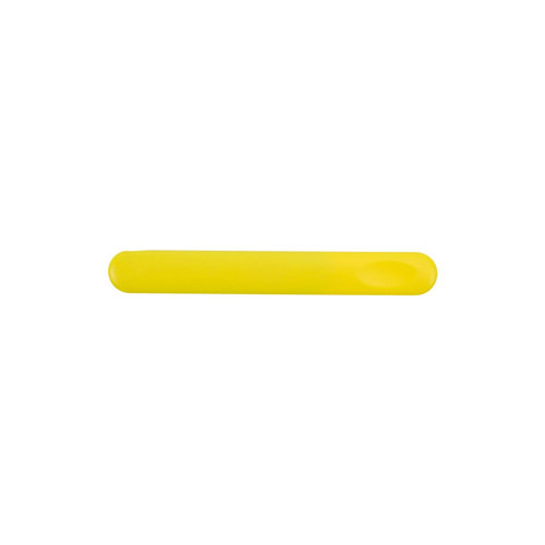 A bright yellow nail file with a smooth, elongated design and a rounded edge. It features a logo on one side.