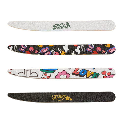 A pack of 50 wooden knife-shaped nail files in various colours and designs, featuring a logo on one file.