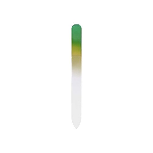 A gradient coloured glass nail file featuring green and yellow hues, transitioning to clear at the end.