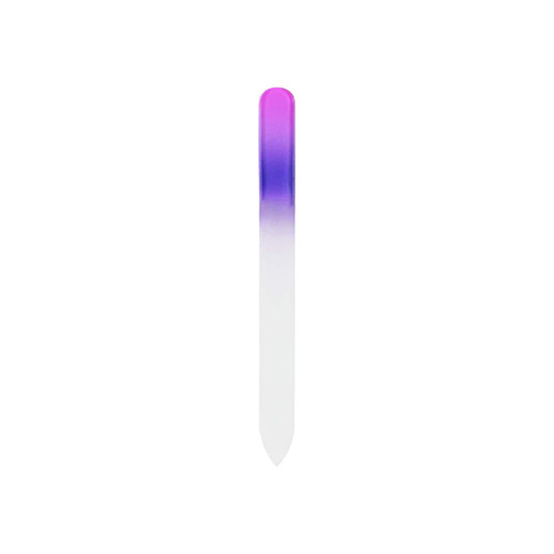 A gradient coloured glass nail file featuring a purple and white design, with a smooth finish.