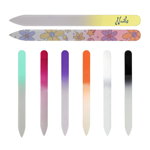 A set of gradient glass nail files in various colours, featuring a floral design on one file and a logo.