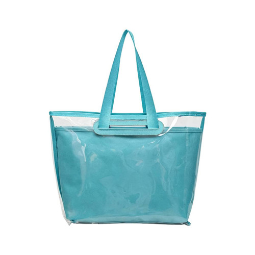 A turquoise tote bag with a detachable PVC cover and sturdy handles. It features a clear front panel and spacious interior.