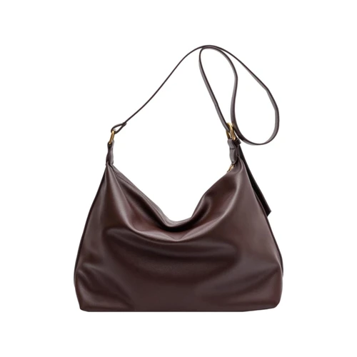 A brown polyurethane tote bag with a slouchy design and a single shoulder strap. It features a logo.