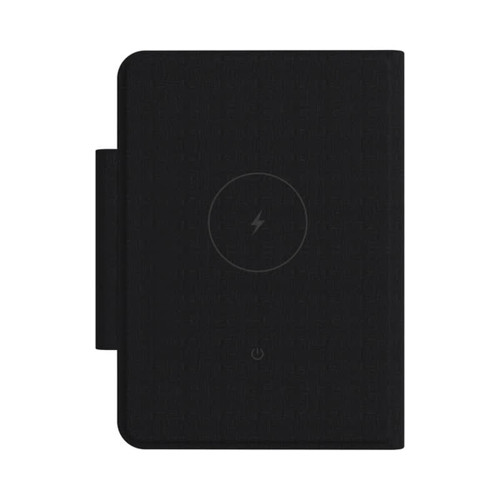 A black passport holder with a simple design and a logo on the front. It includes a global tracking tag feature.