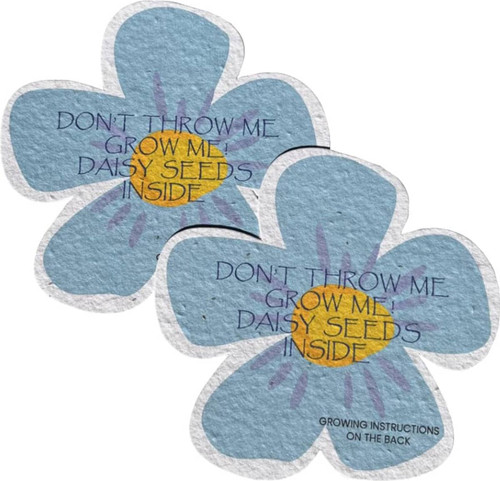 A pair of blue daisy-shaped seed papers with instructions and a logo on the surface.