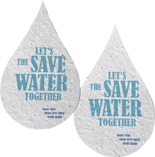 A textured, seed paper water drop in white with blue text promoting water conservation. It has a logo.