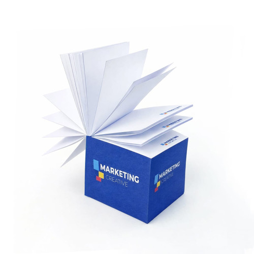 A blue cube-shaped notepad with white sticky notes and a logo on one side.