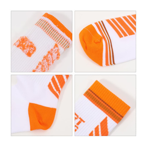 Crew woven sport socks in white and orange, featuring various patterns and stripes, with a logo present on the design.