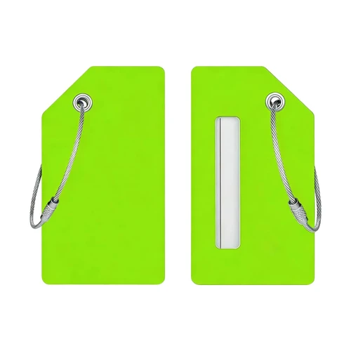 A bright green soft silicone luggage tag with a clear window for identification and metal attachment loop.