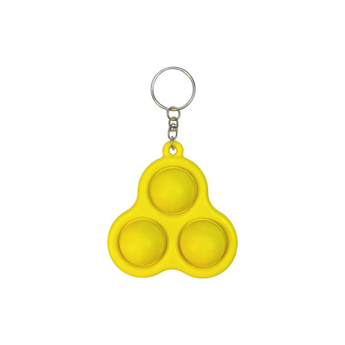 A yellow keychain featuring three pop bubbles, attached to a metal ring.
