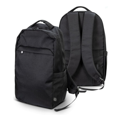A black recycled backpack with adjustable straps and zippered compartments, featuring a logo on one side.