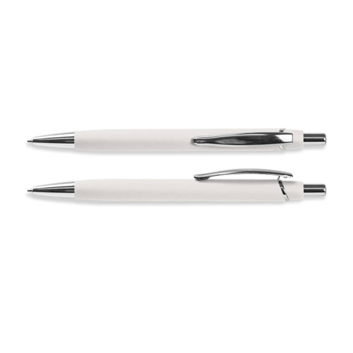A pair of white soft-touch pens with chrome accents, featuring a logo on their body.