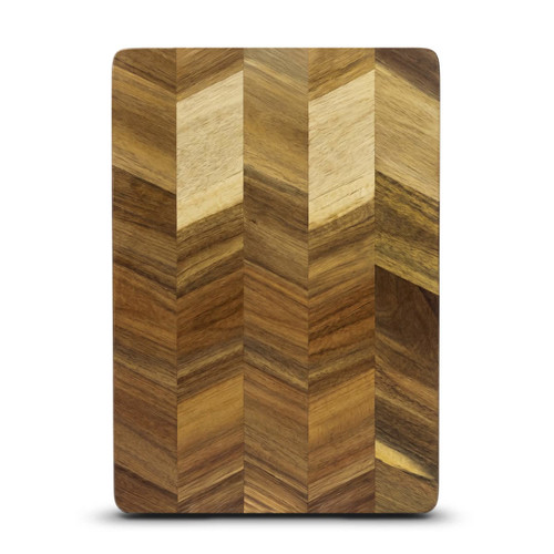 A rectangular chopping board featuring a chevron pattern in various shades of brown wood.