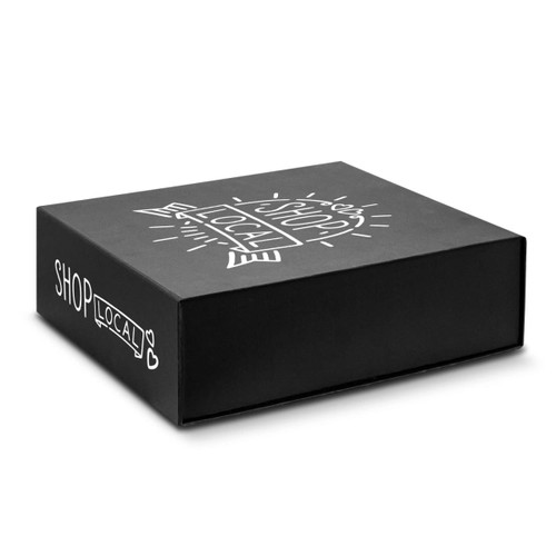 A large black gift box with a magnetic lid featuring a design and a logo.