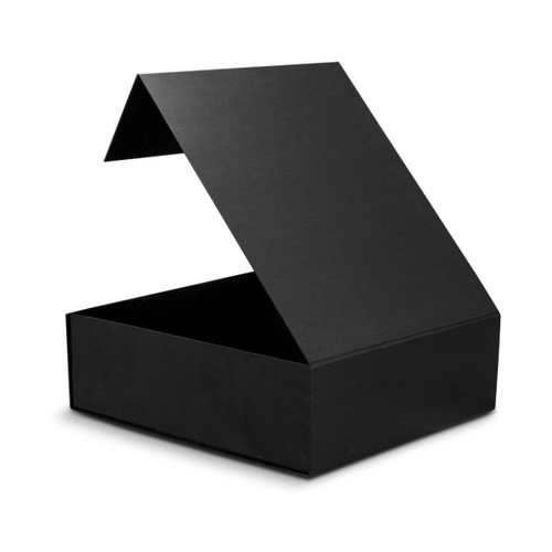 A large black gift box with a magnetic lid, opened and displaying an empty interior.