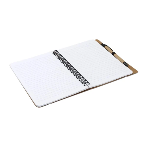 A Kraft notebook with a spiral binding, featuring blank lined pages and a pen attached on the side.