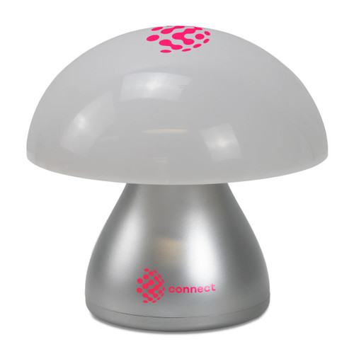 A Portobello table lamp with a frosted white mushroom-shaped shade and a silver base, featuring a logo.