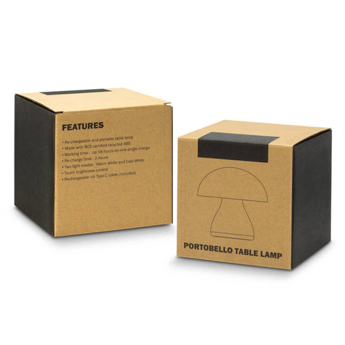 A brown cardboard box featuring the Portobello Table Lamp design and descriptions of its features.