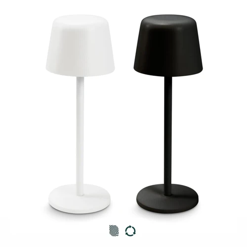 Two rechargeable table lamps are displayed: one in white and one in black, each with a minimalist design.
