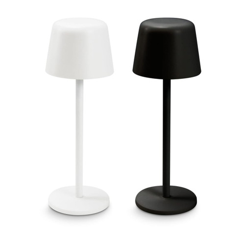 Rechargeable table lamps in white and black, featuring a simple, modern design with a round base.