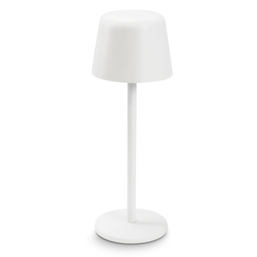 A white rechargeable table lamp with a rounded shade and a slim base. It features a minimalistic design and a logo.
