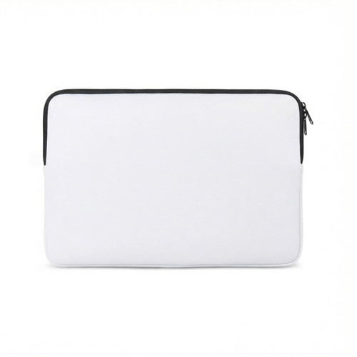 A white laptop sleeve with a black zip and a simple, sleek design. It features a logo on the surface.