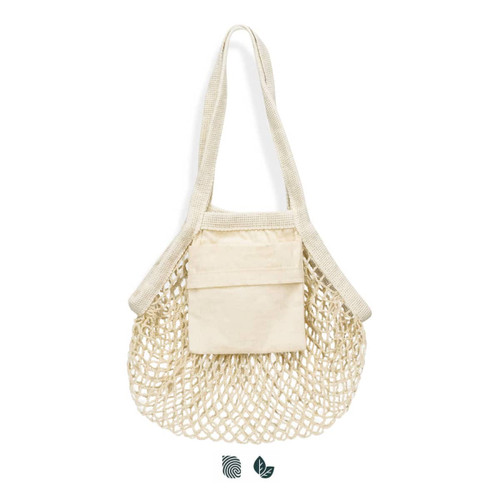 A small, cream cotton mesh tote bag with a solid pocket and straps for carrying.