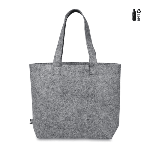 A grey felt shopper bag with two handles, featuring a logo, made from recycled PET materials.