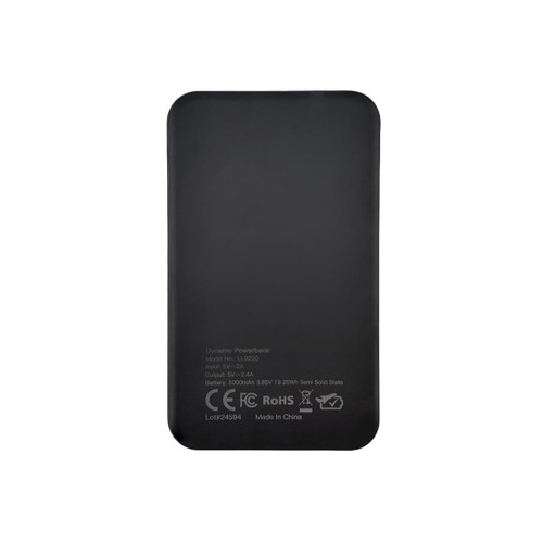 A black solid state power bank with a logo and specifications detailed on the back.