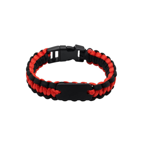 A red and black paracord bracelet featuring a metal plate and a buckle clasp, with a simple woven design.