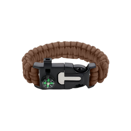 A brown survival bracelet featuring a compass and a secure clasp, made with durable paracord material.