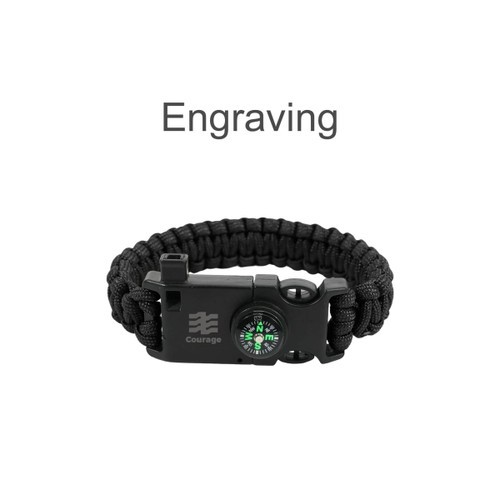 A black paracord survival bracelet featuring a compass and a buckle with an engraving option.