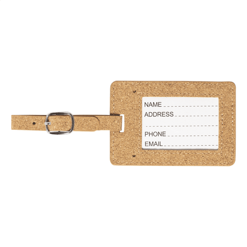 A cork luggage tag in a natural brown colour with a metal buckle, featuring a white label for personal details.
