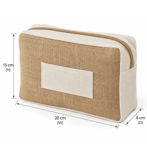 A jute cosmetic bag in natural tones with a cream fabric panel, featuring a zipper and dimensions displayed.