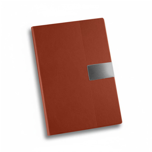 A brown A5 notebook featuring a textured design and a metallic accent, along with a branding logo.