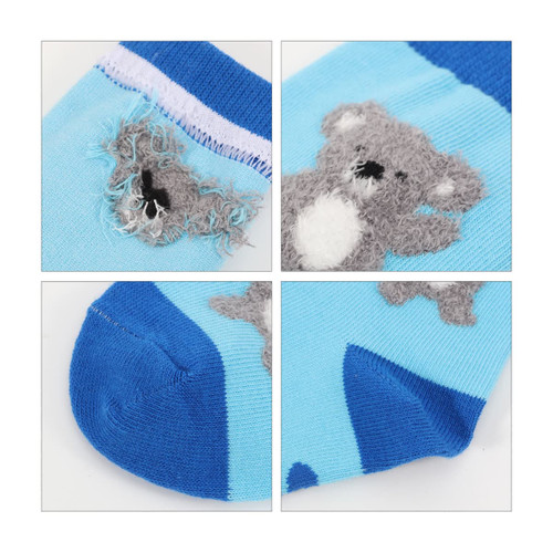 Woven socks featuring a cute koala design, with blue and turquoise colours and a playful, textured appearance.