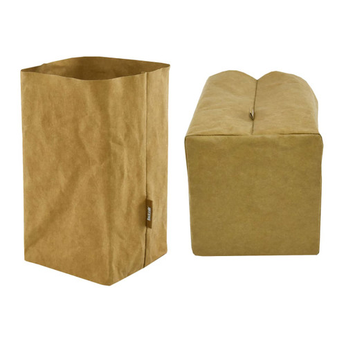 A large kraft paper storage bag in a brown hue, featuring a simple design and one side logo.