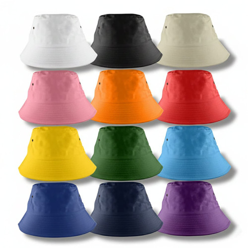 A collection of Long Beach bucket hats in various colours including white, black, pink, orange, green, and blue.