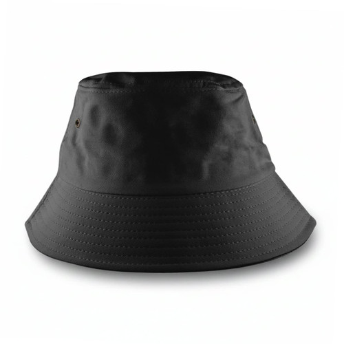A black bucket hat with a wide brim, featuring a logo.