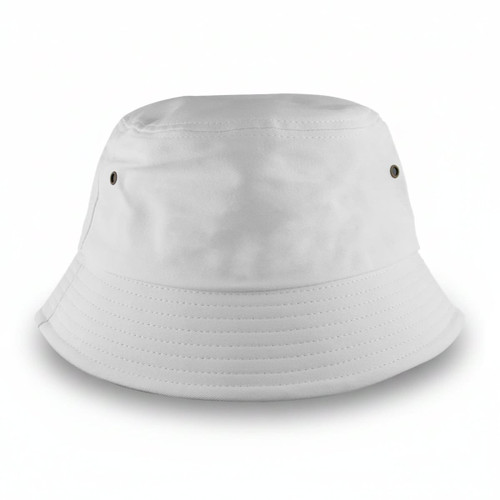 A white bucket hat featuring a simple, unembellished design and a small logo on the side.