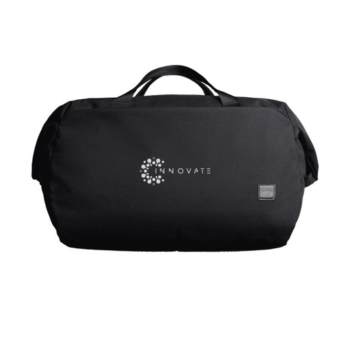 A black duffel bag with a logo on the front. It features dual handles for carrying.