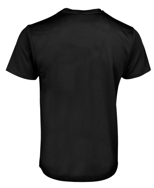 A plain black T-shirt featuring a logo on the back.
