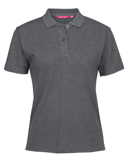 A grey polo shirt featuring a classic collar and a logo on the chest. Short sleeves and a streamlined design.