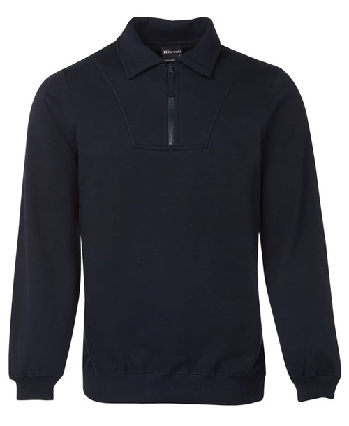 A navy 1/2 zip fleecy jumper featuring a collar and ribbed cuffs. Includes a logo on the front.