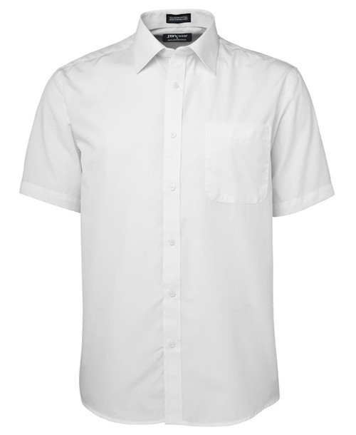 A white short-sleeve button-up shirt featuring a single chest pocket and a logo.